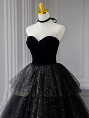 Black Prom Dress Sweetheart Neck Tulle Long Formal Gown Evening Dress