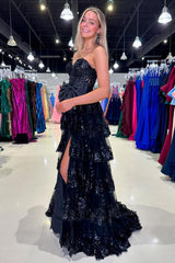 Black Prom Dress Sweetheart Tiered Long Evening Dress with Bow
