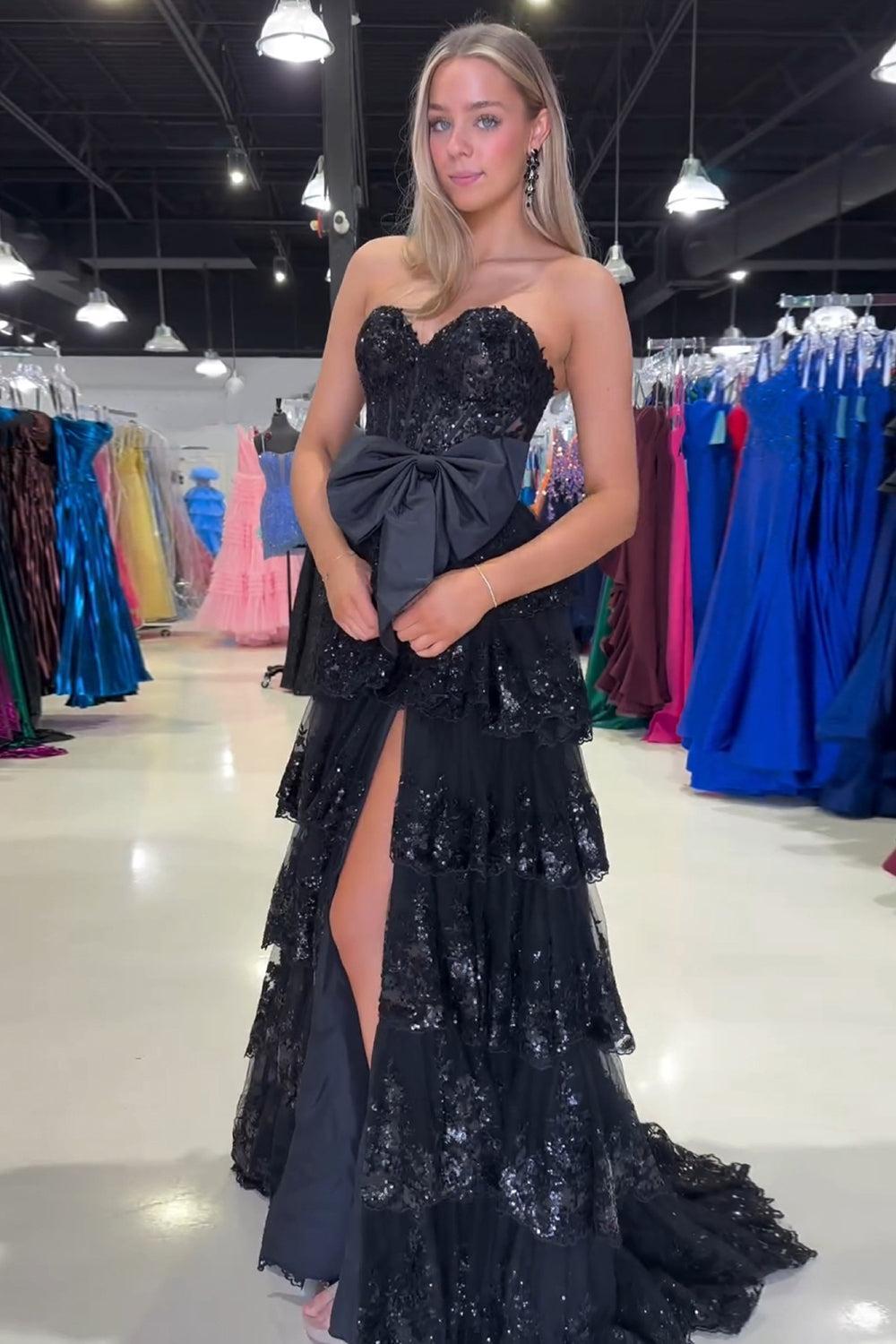 Black Prom Dress Sweetheart Tiered Long Evening Dress with Bow