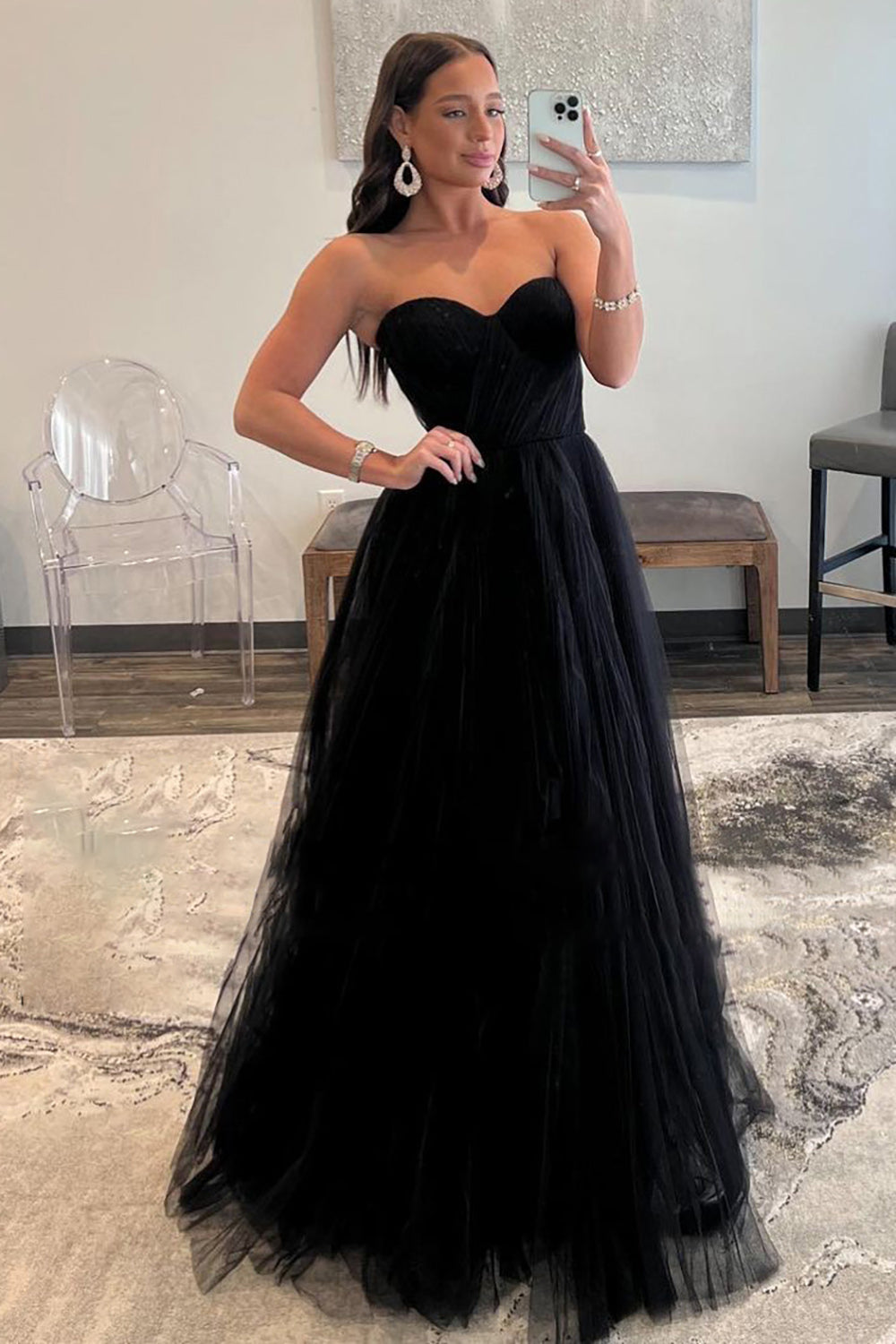 Black Prom Dress Sweetheart Tulle A-Line Evening Dress