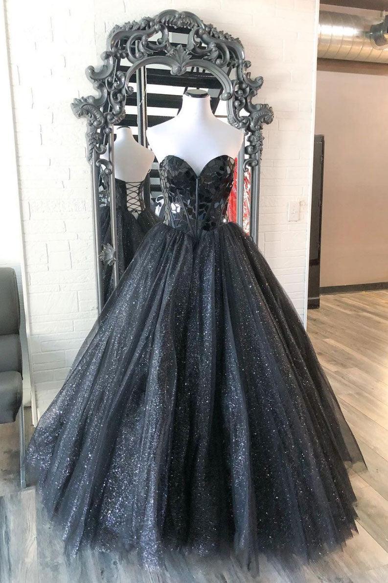 Black Prom Dress Sweetheart Tulle Sequin Long Formal Gown Evening Dress