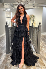 Black Prom Dress Tulle Appliqued Halter Ruffle Tiered Long Evening Dress