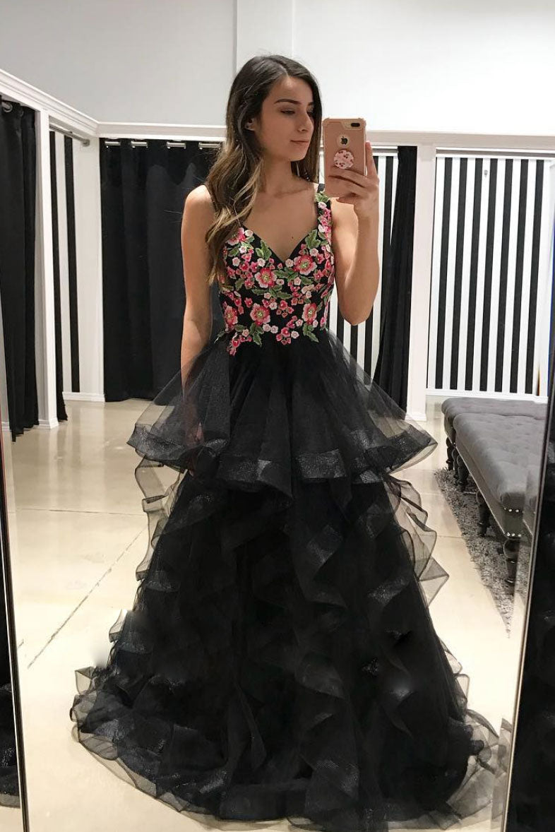 Black Prom Dress Tulle Lace Appliques Long Formal Evening Dress