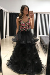 Black Prom Dress Tulle Lace Appliques Long Formal Evening Dress