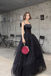 Black Prom Dress Tulle Sequin Long Formal Evening Dress