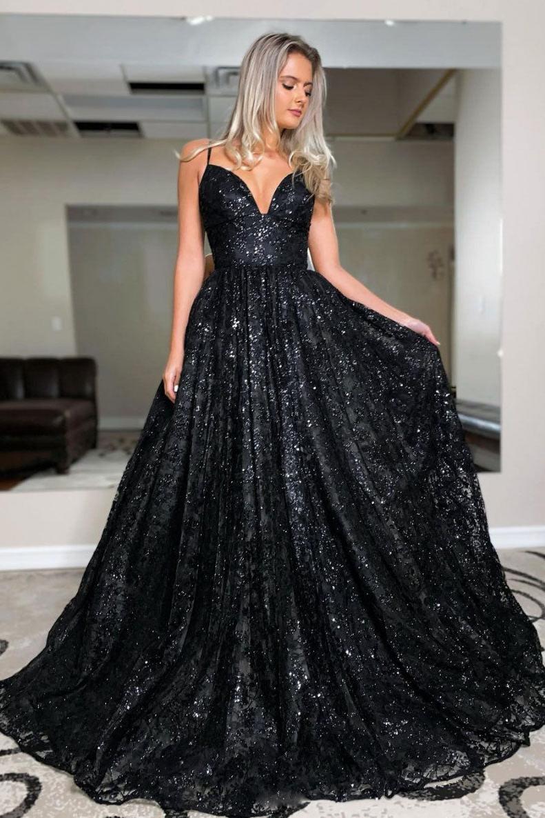 Black Prom Dress Tulle Sequin Long Formal Gown Evening Dress