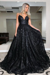 Black Prom Dress Tulle Sequin Long Formal Gown Evening Dress