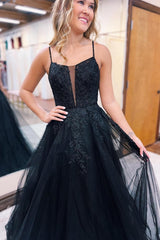 Black Prom Dress Tulle Spaghetti Straps A Line Elegant Evening Dress With Appliques