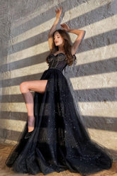 Black Prom Dress Tulle Sweetheart Neck Long Formal Dress Evening Dress