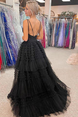 Black Prom Dress V Neck Asymmetrical Tulle Long Evening Dress