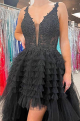 Black Prom Dress V Neck Asymmetrical Tulle Long Evening Dress