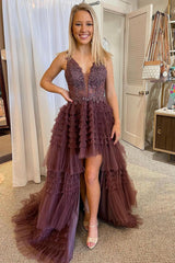 Black Prom Dress V Neck Asymmetrical Tulle Long Evening Dress