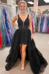 Black Prom Dress V Neck Asymmetrical Tulle Long Evening Dress