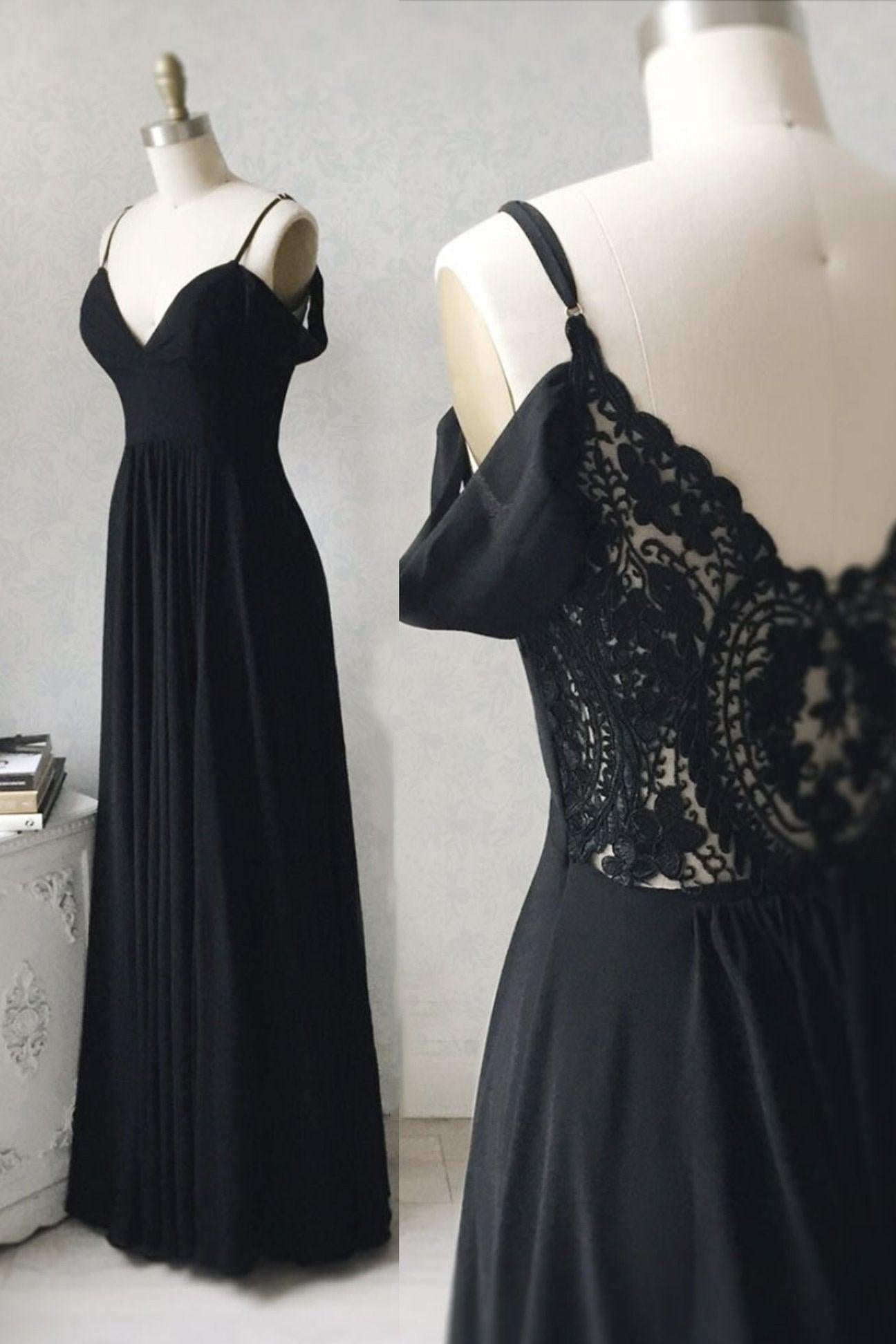 Black Prom Dress V Neck Chiffon Lace Long Formal Gown Evening Dress