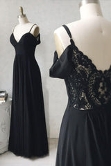 Black Prom Dress V Neck Chiffon Lace Long Formal Gown Evening Dress