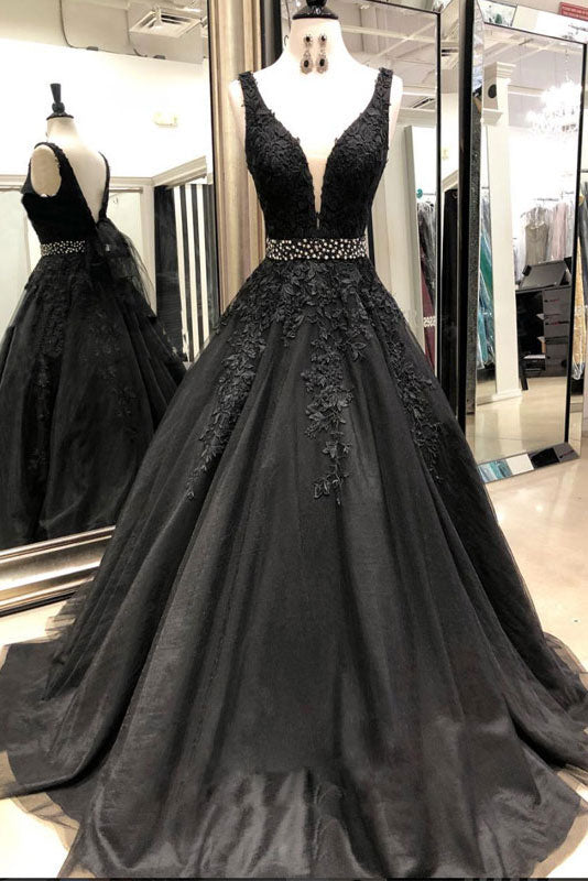 Black Prom Dress V Neck Lace Tulle Long Formal Evening Dress