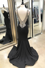 Black Prom Dress V Neck Mermaid Long Evening Dress