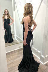 Black Prom Dress V Neck Satin Mermaid Long Evening Dress With Split