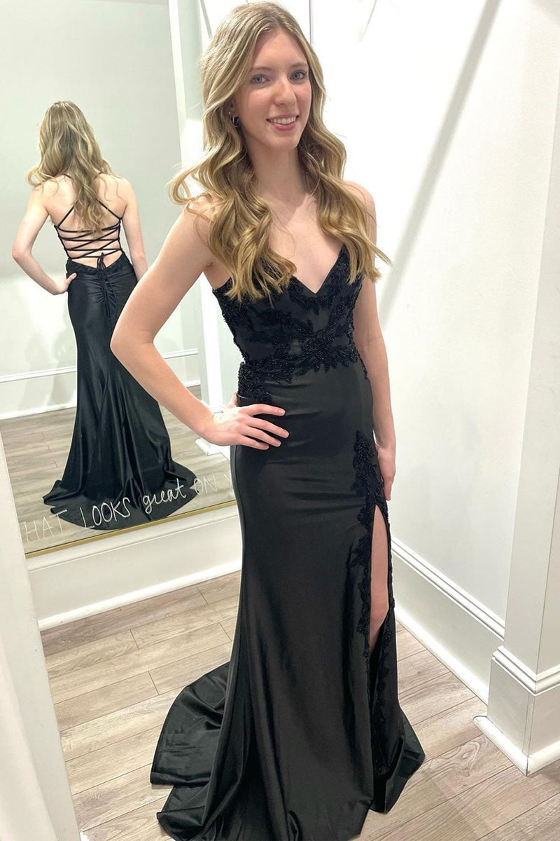 Black Prom Dress V Neck Satin Mermaid Long Evening Dress With Split