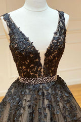 Black Prom Dress V Neck Tulle Lace Beaded Long Formal Dress Evening Dress