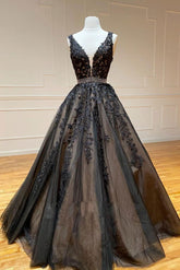 Black Prom Dress V Neck Tulle Lace Beaded Long Formal Dress Evening Dress