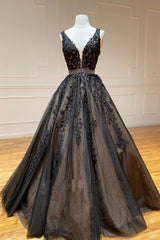 Black Prom Dress V Neck Tulle Lace Beaded Long Formal Dress Evening Dress