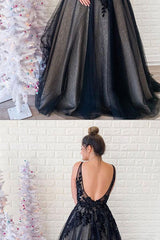 Black Prom Dress V Neck Tulle Lace Long Formal Evening Dress