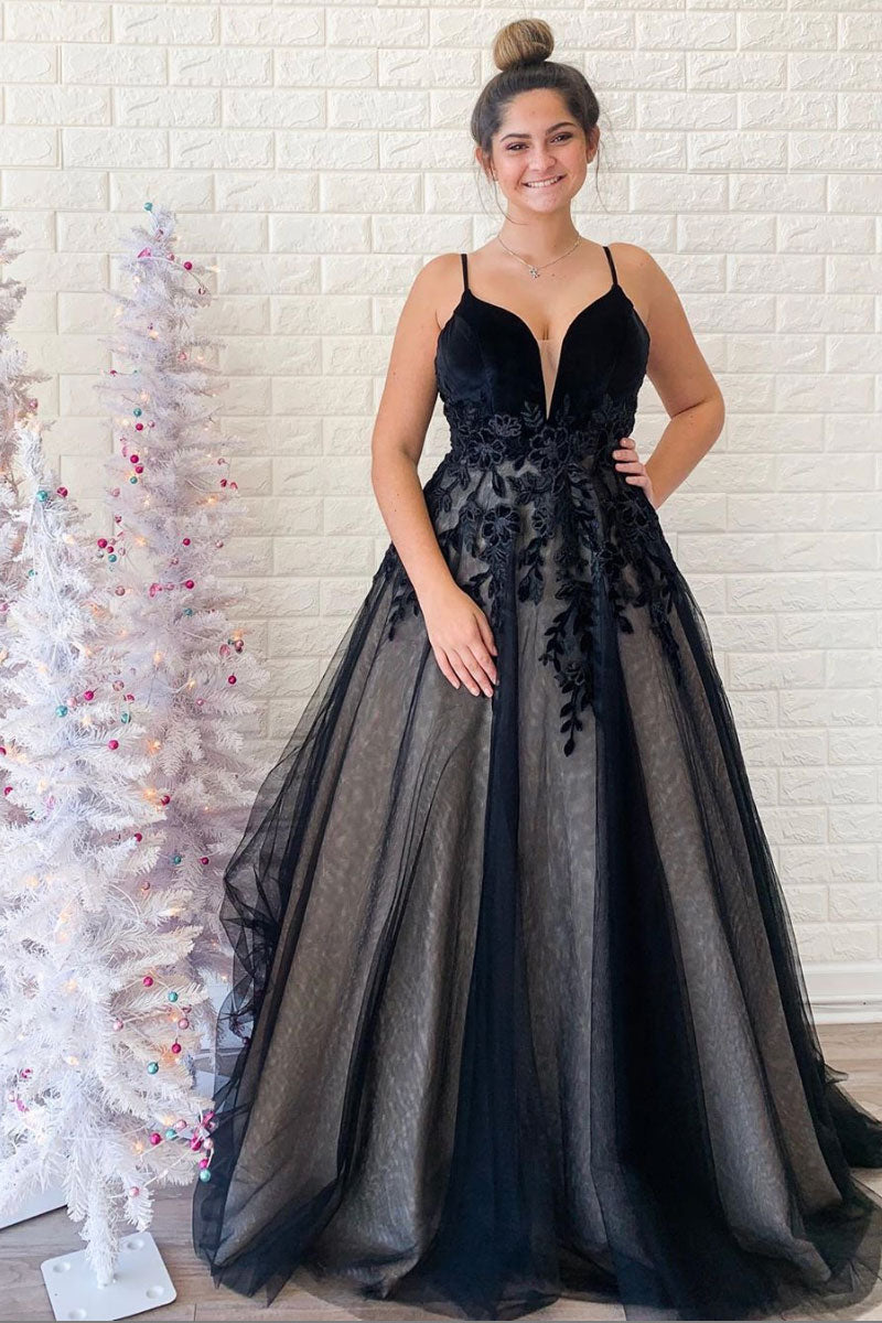 Black Prom Dress V Neck Tulle Lace Long Formal Evening Dress