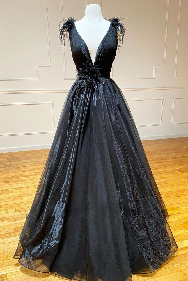 Black Prom Dress V Neck Tulle Lace Long Formal Evening Dress