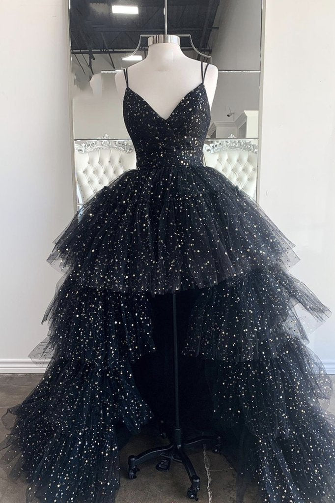 Black Prom Dress V Neck Tulle Long Evening Dress