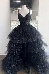 Black Prom Dress V Neck Tulle Long Evening Dress