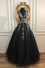Black Prom Dress V Neck Tulle Long Evening Dress