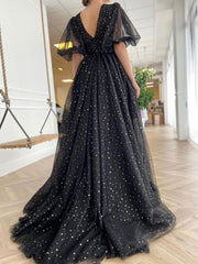 Black Prom Dress V Neck Tulle Long Formal Gown Evening Dress