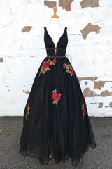 Black Prom Dress V Neck Tulle Long Formal Gown Evening Dress