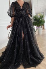 Black Prom Dress V Neck Tulle Long Formal Gown Evening Dress