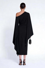 Dressystars Black Sheath One Shoulder Midi Prom Dress With Cape