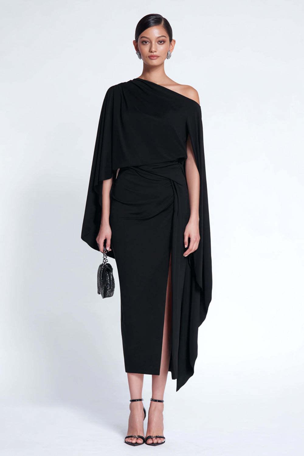 Dressystars Black Sheath One Shoulder Midi Prom Dress With Cape
