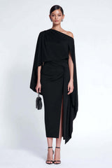 Dressystars Black Sheath One Shoulder Midi Prom Dress With Cape