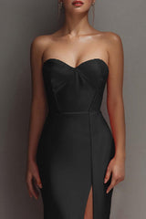 Dressystars Black Sheath Sweetheart Long Satin Prom Dress With Slit