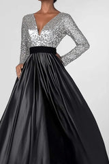 Black Silver Wedding Guest Dress A-Line Long Sleeves Long Formal Dress