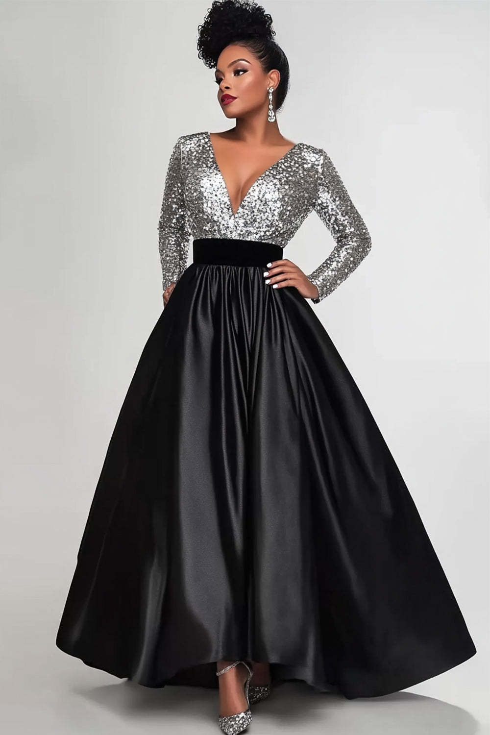 Black Silver Wedding Guest Dress A-Line Long Sleeves Long Formal Dress