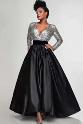 Black Silver Wedding Guest Dress A-Line Long Sleeves Long Formal Dress