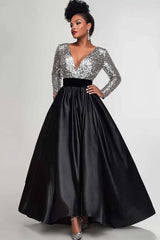 Black Silver Wedding Guest Dress A-Line Long Sleeves Long Formal Dress
