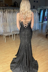 Black Spaghetti Straps Evening Dress Mermaid Long Corset Prom Dress with Beadings