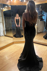Black Spaghetti Straps Evening Dress Mermaid Long Corset Prom Dress with Beadings