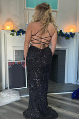 Black Spaghetti Straps Evening Dress Mermaid Long Prom Dress with Sequins