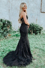 Black Strapless Prom Dress Mermaid Evening Dress with Appliques