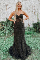 Black Strapless Prom Dress Mermaid Evening Dress with Appliques