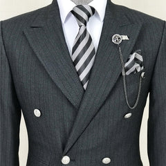 Black Striped Double Breasted Peaked Lapel Business Suit