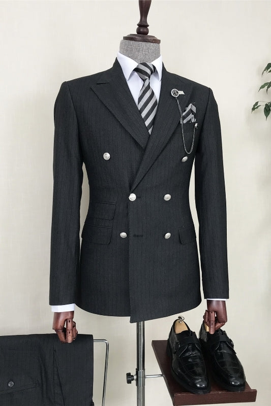 Black Striped Double Breasted Peaked Lapel Business Suit